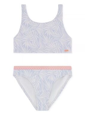 Roxy Girls Light Blue Leaf Print Bikini with Pink Trim